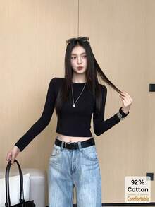 American Hot Girl Style Round Neck Short Long Sleeve T-Shirt Women Autumn Slim Fit Flattering Versatile Base Layer Black Top - Black - View 3