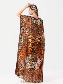 1pc Faux Silk Solid Color Long Robe Pullover Shawl With Small Scarf Set, Women's Outerwear Decoration For Beach, Sun Protection, Windproof, UV Protection, Daily Matching - Leopard and Zebra Print - View 2