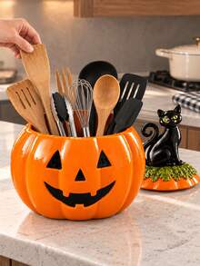 1pc Halloween Pumpkin Storage Jar With Black Cat Lid, Multi-Purpose Kitchen Countertop Container, Holiday Tabletop Decor Canister - Multicolor - View 1