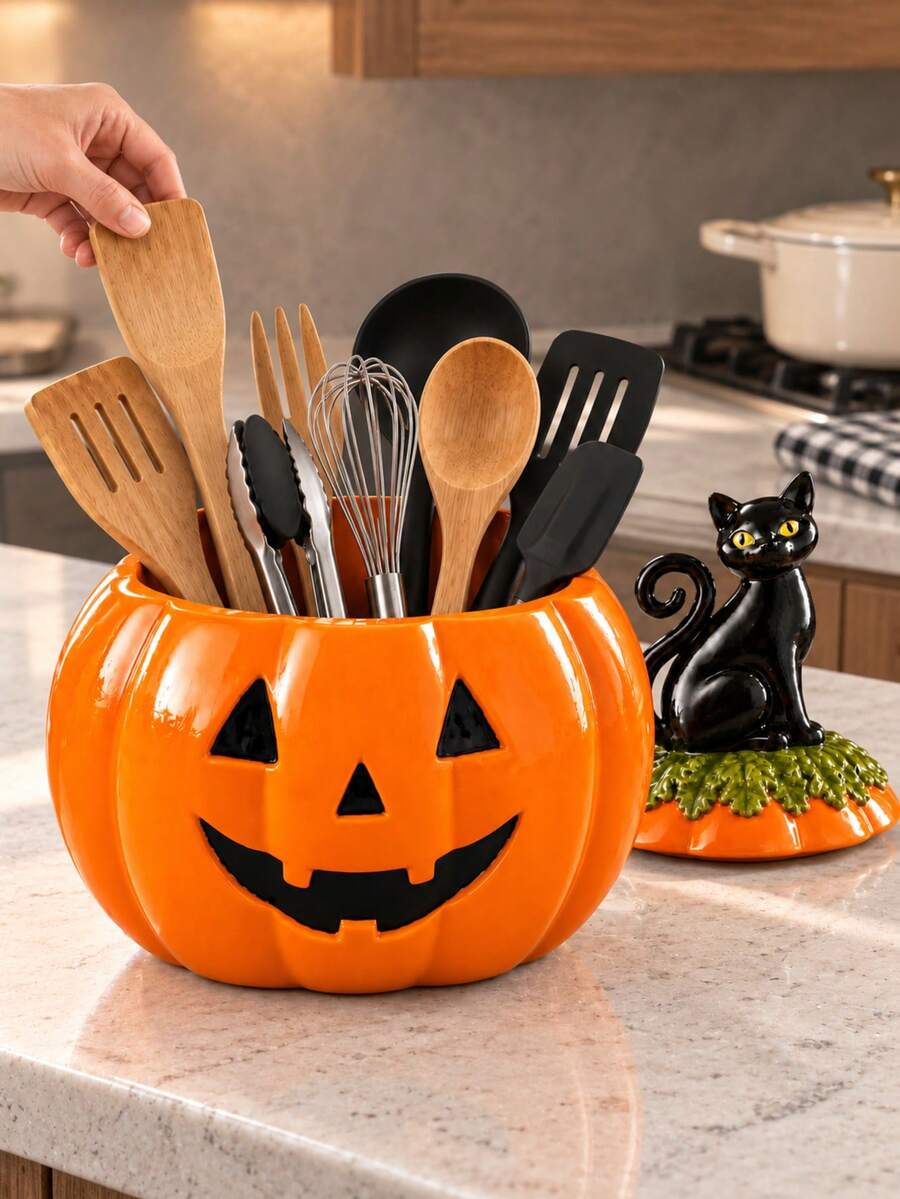 1pc Halloween Pumpkin Storage Jar With Black Cat Lid, Multi-Purpose Kitchen Countertop Container, Holiday Tabletop Decor Canister - Multicolor - View 1