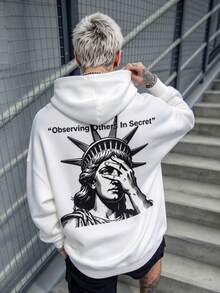 Simple Studio | Niche Rebellious Vintage Statue Of Liberty Graphic Slogan Print Hoodie, Minimalist Cold-Tone Drape White Streetwear Sweatshirt For Men - White - View 2