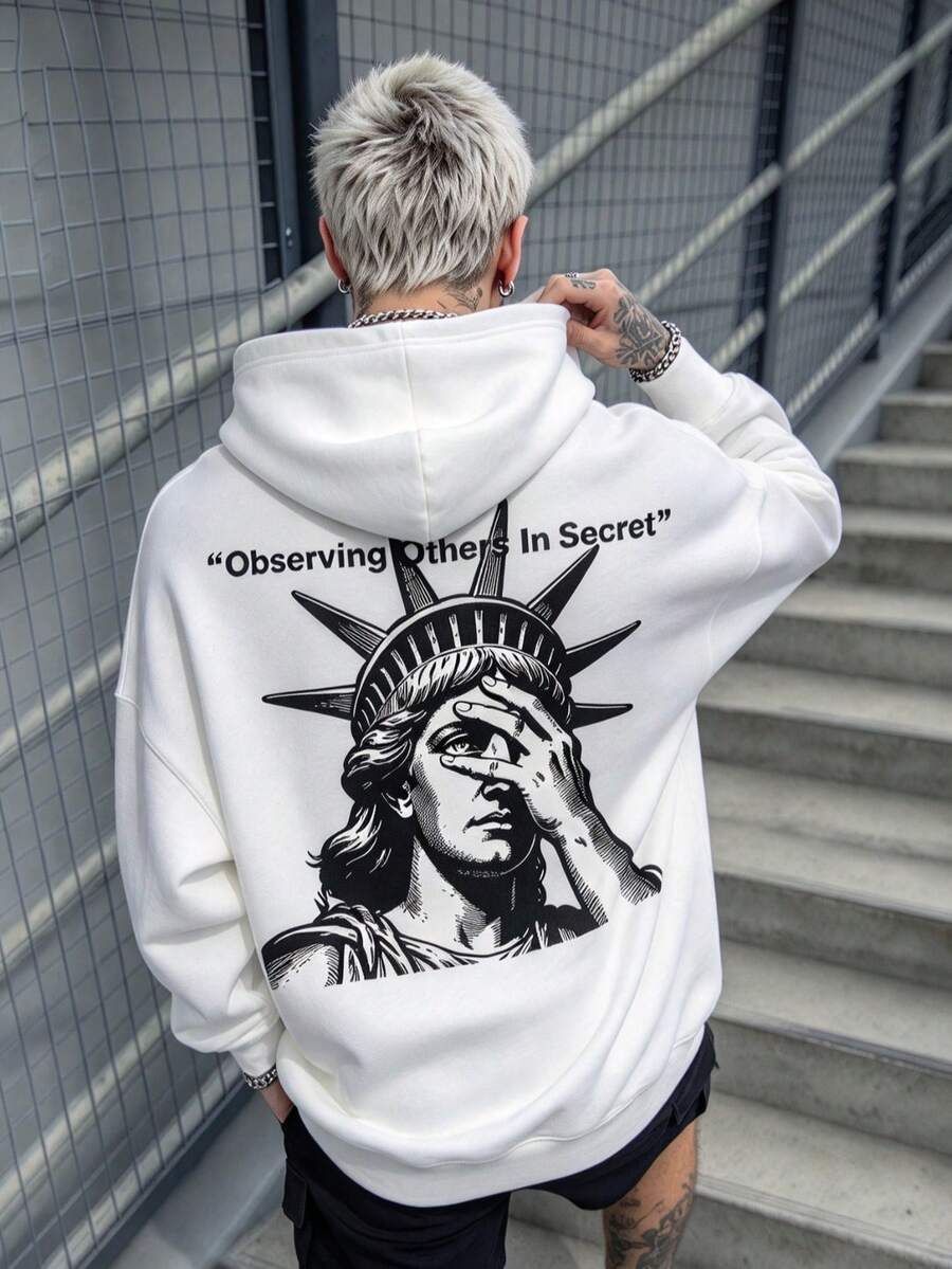 Simple Studio | Niche Rebellious Vintage Statue Of Liberty Graphic Slogan Print Hoodie, Minimalist Cold-Tone Drape White Streetwear Sweatshirt For Men
