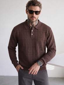 Men's Autumn/Winter 12-Gauge Plaid Regular Shoulder Polo Collar Long Sleeve Sweater - Brown - View 3