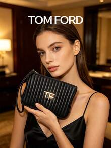 TOM FORD Quilted Cosmetic Pouch, Black Vertical Stitch Makeup Bag With Wrist Strap, Luxury Gold TF Logo Portable Zipper Toiletry Organizer For Beauty Essentials - Black - View 4