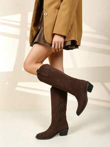 Women's Western Cowboy Cowgirl Knee High Boots, Suede-Look Pointed Toe Low Block Heel Side Zip Pull On Tall Riding Boots, Fall Winter - Brown - View 2
