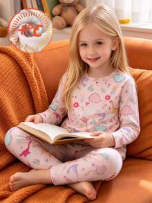 Young Girl 2pcs/Set Girls' Loungewear Long Sleeve Top And Pants Pajama Set, Thermal Lined Thick Style, Spring/Autumn/Winter, Versatile Base Layer, Fits 4-12 Years Old - Multicolor - View 1