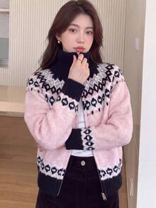 Women's Autumn/Winter Casual Cute Loose Vintage Floral Pattern Lapel Zip-Up Knit Cardigan Sweater Jacket Pink - Pink - View 1