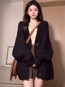 Alicedudu Women Simple Solid Color Button Down Batwing Casual Cardigan Black Fall - Black - View 1