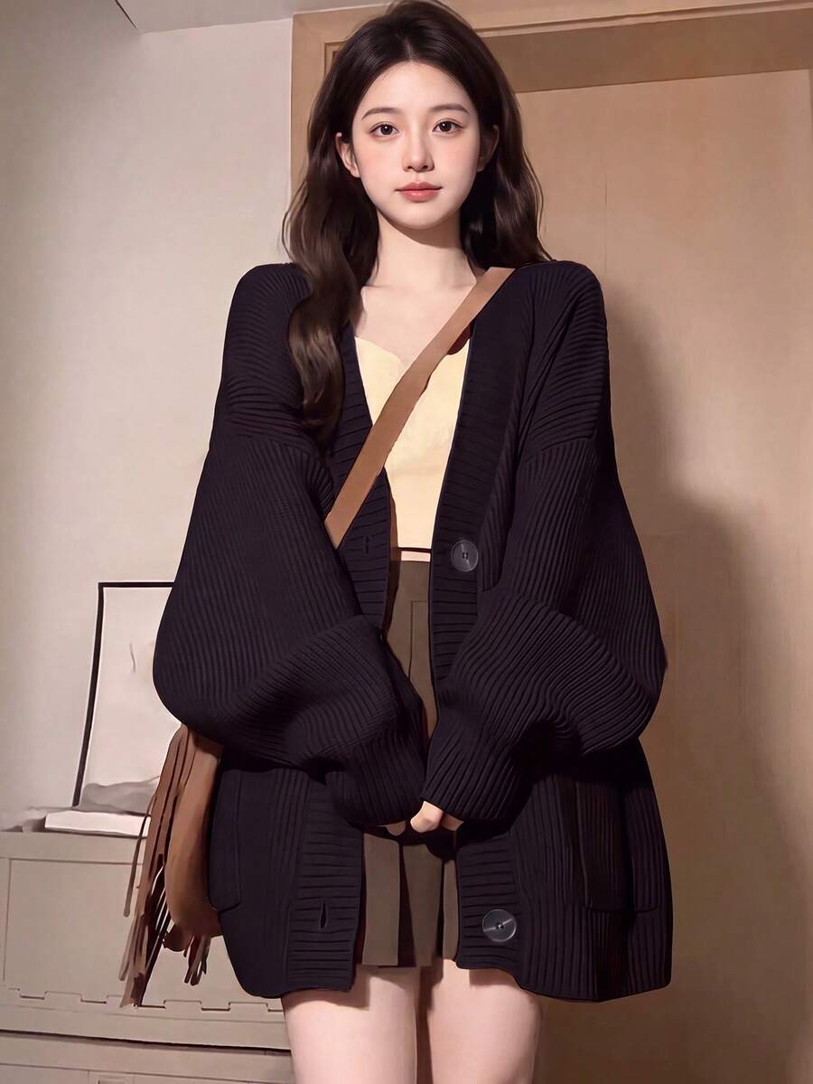 Alicedudu Women Simple Solid Color Button Down Batwing Casual Cardigan Black Fall - Black - View 1
