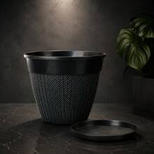 1 Set Bohemian Style Striped Plastic Flower Pot With Tray, Dark Green, Suitable For Indoor/Outdoor Balcony, Ideal For Planting Flowers, Herbs, Cacti And Decor, With Drainage System Design - B - View 9