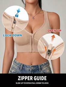 Sujetador deportivo sin costuras y con cremallera frontal de alta intensidad para mujer, adecuado para primavera, verano, otoño e invierno - Champán - Ver 4