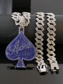 European & American Hip Hop Colorful Full Rhinestone Spade A Pendant Cuban Chain, Personalized Street Style Rhinestone Men's Necklace, Rap Accessory - Silver - View 14