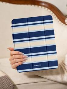 1件藍白條紋平板保護殼，相容 iPad Mini6/Mini7/10.2/10.5/10.9 (Air4-Air8)/Pro 11/10th Gen/A16/Pro 11 2024，彩繪圖案平板保護套，全透明壓克力背殼，三折支架，自動休眠/喚醒，內置筆槽，不含筆，部分機型附相機框 - 彩色 - 查看 3