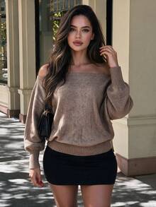 Vexica Women's Brown Knit Sweater, Sexy Off Shoulder Batwing Oversized Ribbed Fall Winter Night Out Daily - Brown - View 3