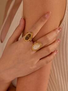 2pcs Stainless Steel Vintage Oval Tiger Eye Stone, White Shell Natural Stone Open Ring 18K Gold Plated Stainless Steel Double Ring Design Women's Personalized Daily Party Decorative Finger Ring, Adjustable Size - Yellow Gold - View 1