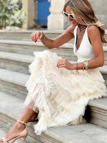 New Arrival French Style Long Skirt For Women, Autumn, European And American Elegant Solid Color High Waist Tulle Puff Skirt Spring - Apricot - View 9