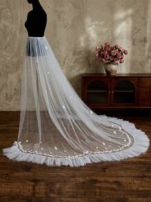 1 Piece Long Leaf‑Floral Applique Lace Ruffle Train Tulle Over‑Skirt, Flowy Ruffle Sheer Overlay For Church Wedding Bridal Styling - Multicolor - View 5