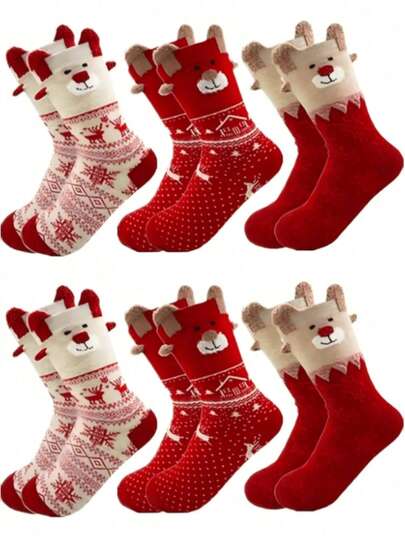 1/3/6 Pairs Women's Christmas Red Mid-Calf Socks, Printed With Santa Claus, Snowman, Reindeer Patterns, Suitable For Christmas Outfits