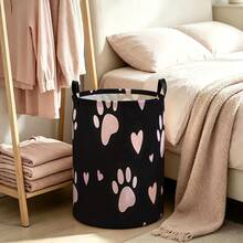 Black Background Storage Bucket With Pink Puppy Paw And Heart Patterns, Foldable Laundry Basket With Handle, A Storage Basket For Toys And Dirty Clothes For Pet Lovers' Bedrooms - Black - View 3