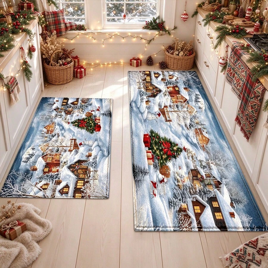 1pc Kitchen Mat, Soft Faux Cashmere Material Floor Mat, Christmas Snowy Town Pattern, Kitchen Door Mat, Bathroom Anti-Slip Mat, Entryway Door Mat, Bedroom Door Carpet, Suitable For Multiple Scenes Anti-Slip Floor Mat, Room Decor, Holiday Gift - Multicolor - View 1