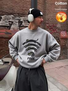 Men's Fleece Crew Neck Sweatshirt, Cat Pattern, "FREE" Text Print, Y2K Style, Autumn/Winter - Heather Gray - View 4