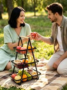 3‑Tier Metal Fruit Storage Basket With Wooden Handle, Foldable Countertop Organizer, Food Display Holder, For Kitchen Counter, Dining Table, Outdoor Picnic, Perfect For Family Users To Store Fruits, Vegetables And Snacks - Multiple Specifications - View 9