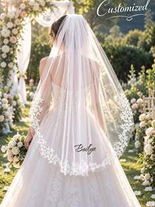 Letter Print Cathedral Style Bridal Veil (With Metal Hair Comb), Single Layer White Soft Tulle Wedding Accessory, Classic Fashionable Wedding Outfit Item, Suitable For Wedding Styling And Pre-Wedding Party - Multicolor - View 3