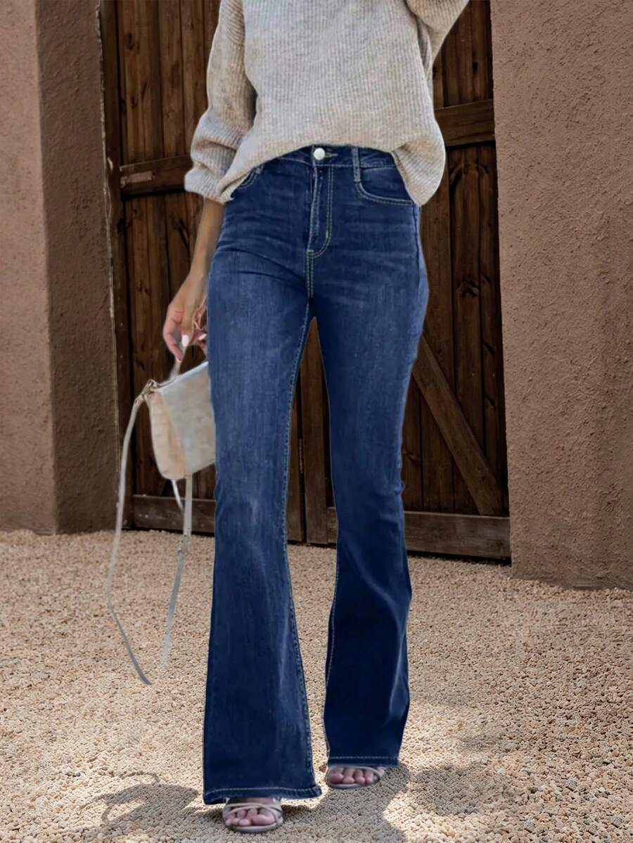 ARWY Women's Solid Color Casual Flare Jeans, Mid-Rise Dark Wash Denim Pants With Pockets And Zipper Fall - Dark Wash - View 1