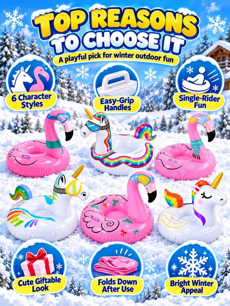 6款可愛角色充氣雪圈附手柄，獨角獸火烈鳥雪橇，單人充氣滑雪圈，冬季戶外雪地滑行浮圈，家庭雪地玩雪滑雪圈，聖誕節假期禮物 - 彩色 - 查看 9
