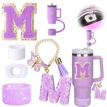 Purple Resin Glitter Letter Cup Decor Set, Includes Butterfly Letter Pendant, Straw Topper, Cup Sleeve And Gold Rim Letter Straw Plug, Suitable For Outdoor Activities, Shopping And Photo Props - Purple - View 1