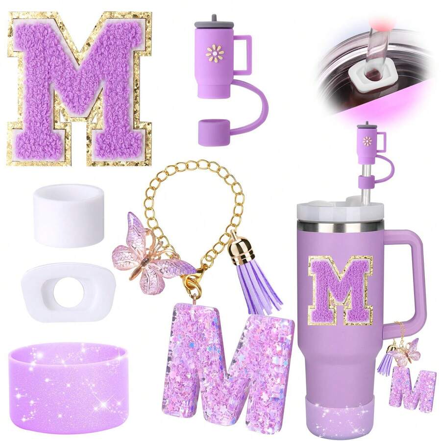 Purple Resin Glitter Letter Cup Decor Set, Includes Butterfly Letter Pendant, Straw Topper, Cup Sleeve And Gold Rim Letter Straw Plug, Suitable For Outdoor Activities, Shopping And Photo Props - Purple - View 1