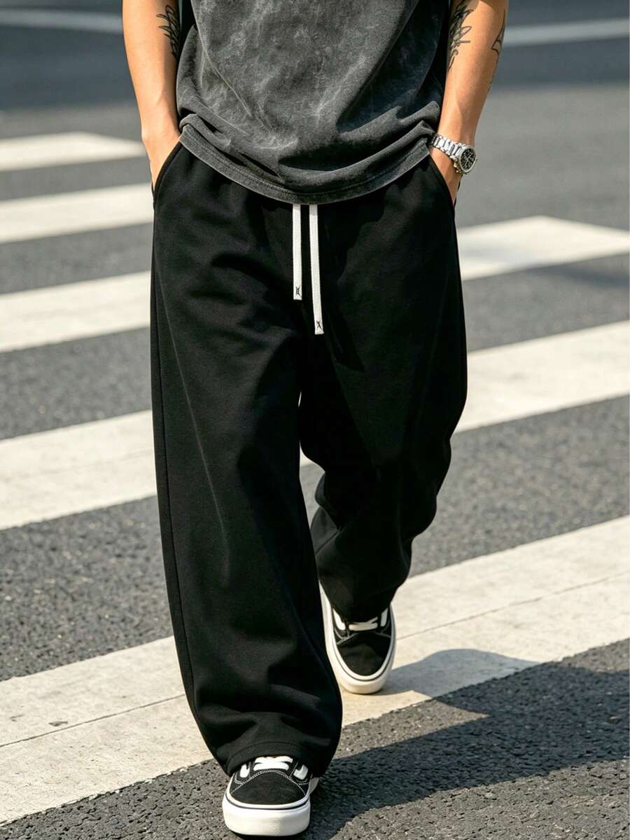 男士休閒運動長褲,新款直筒抽繩休閒褲,送給丈夫/男友的最佳禮物選擇,秋冬款 - 黑色 - 查看 1