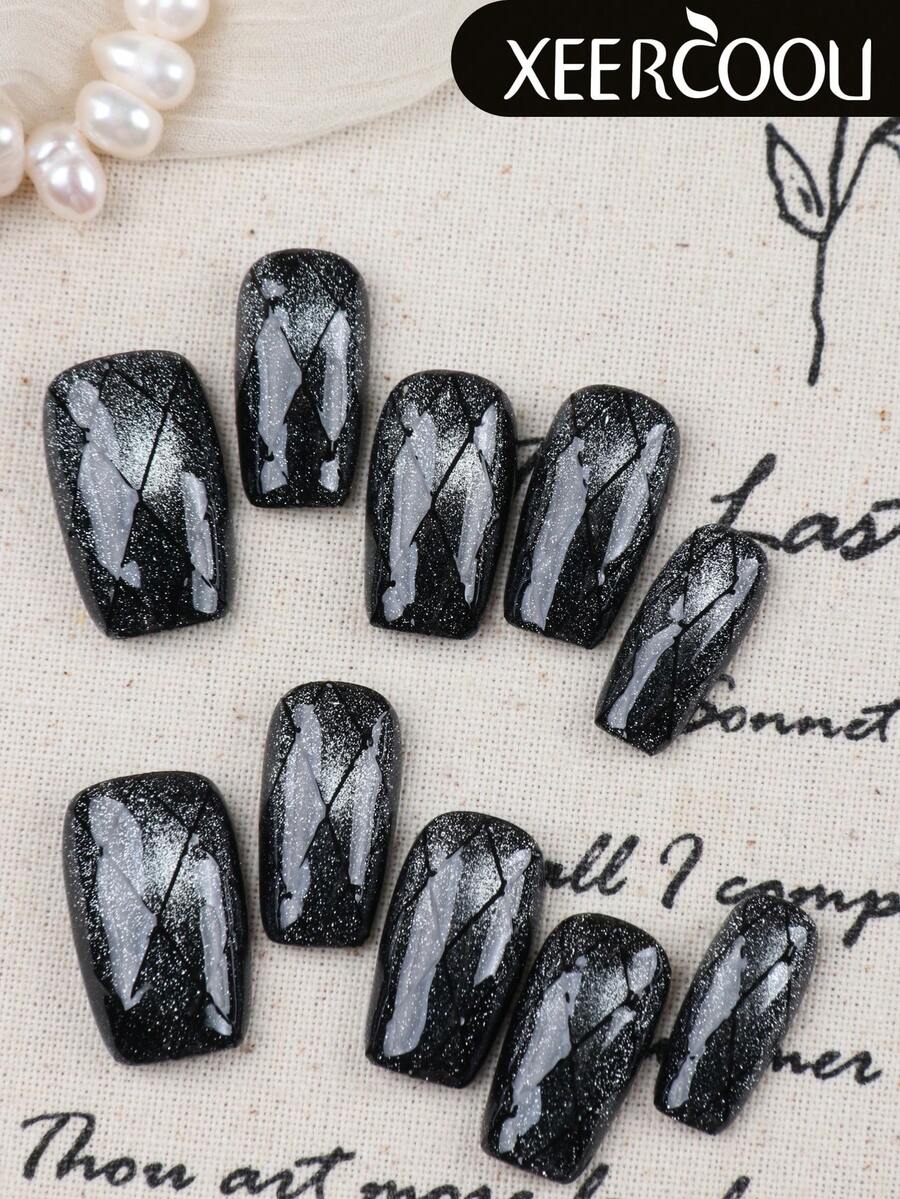 10pcs Acrylic Nail Stickers, Green Cat Eye & Black Checkerboard Pattern, Includes 1pc Adhesive Sticker And 1pc Mini Nail File Nails - Multicolor - View 1