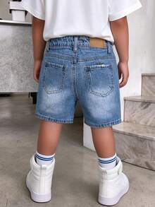 Pantalones cortos vaqueros desgastados de niño pequeño con cintura elástica ajustable y bordados en color claro lavado vintage - Celeste - Ver 3