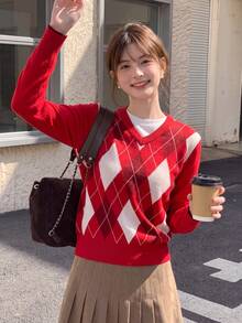 Women's Winter Casual Minimalist Vintage Argyle Pattern V-Neck Pullover Sweater - Red - View 1
