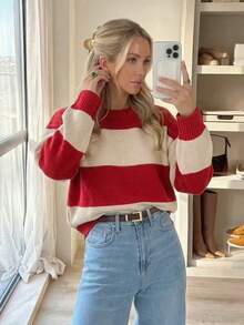 Women's Autumn/Winter Casual White & Red Striped Colorblock Round Neck Long Sleeve Basic Sweater Top For Outfits - Red - View 3