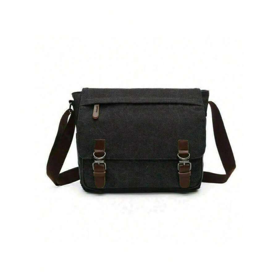 MENS MILITARY INSPIRED CANVAS LEATHER CROSSBODY BAG, VINTAGE SATCHEL SHOULDER MESSENGER FOR UNI TRAVEL CASUAL DAILY USE, HANDS-FREE ORGANISER - Black - View 1