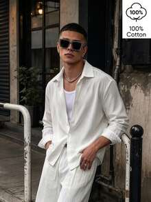 WAIT HIM 100% Cotton Men's Casual Solid Color Single-Breasted Long Sleeve Shirt - White - View 2