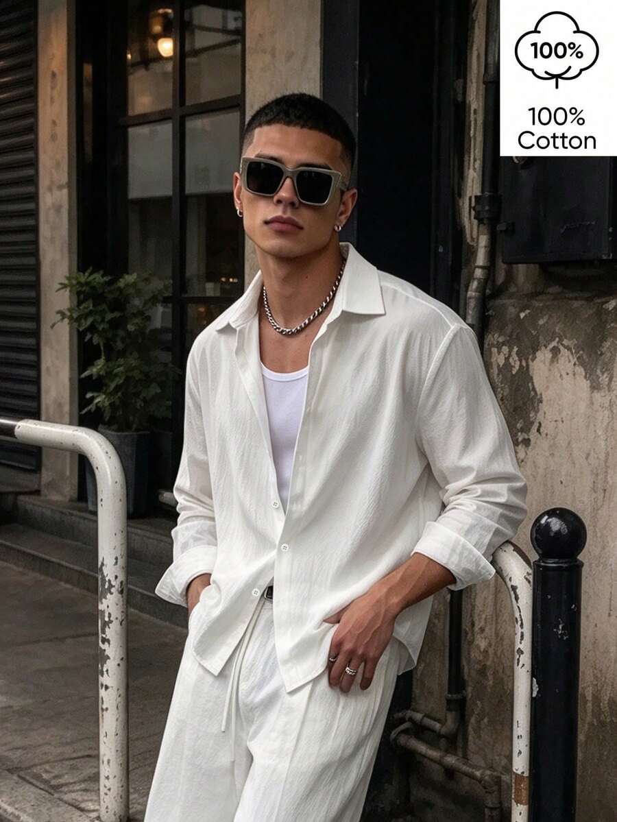 WAIT HIM 100% Cotton Men's Casual Solid Color Single-Breasted Long Sleeve Shirt