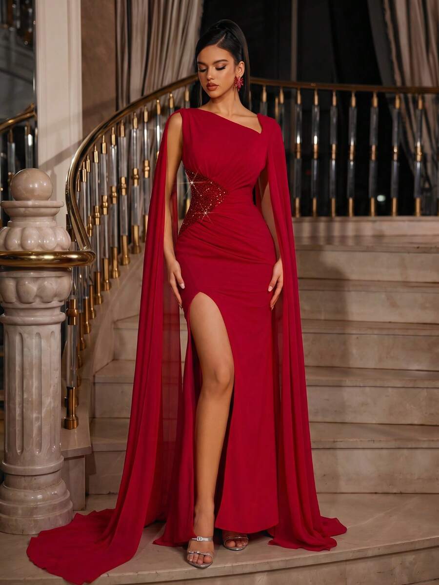 Smilprince Red Asymmetrical Neck Chiffon Cape Sleeves Sequin Waist High Split Mermaid Evening Party Dress - Red - View 1