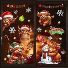 1set/3pcs Christmas Highland Cow Combination Self-Adhesive Window Stickers, Multiple Cute Calves Paired With Snowman, Gingerbread Man, Snowflake And Colorful Ball, Window Holiday Atmosphere Decorative Stickers - Multicolor - View 3