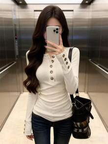 Women's Thermal Lined Long Sleeve Henley Top, Button Decor, Polyester Regular Fit, Autumn/Winter - White - View 4