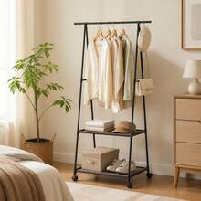 Black Metal Clothes Rack With Wheels, Double Layer Storage Shelf, Multifunctional Clothes Organizer, Mobile Garment Rack For Bedroom Or Hallway, Height 157 Cm - A - View 7