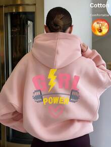 Women's Autumn/Winter Fleece Hoodie, "Girl Power" Graphic With Dumbbell And Heart Print, Y2K Style - Sand Red - View 10
