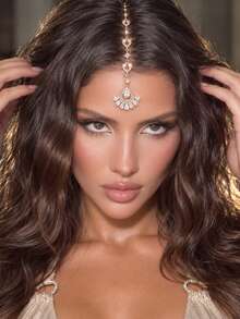 1pc Luxurious Vintage Rhinestone Forehead Chain, Sparkling Crystal Dangle Headpiece, Wedding Party Bridal Accessory - Rhinestones - View 4
