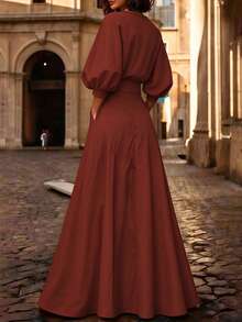 Solid Color Print Belt Decor V-Neck Puff Sleeve A-Line Maxi Dress Summer Elegant - Burgundy - View 4