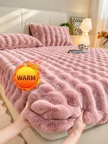 1pc Flannel Bubble Fitted Sheet, Light Pink Bedding, Dorm Bedding, Mattress Protector, Bed Cover, Back To School, Deep Pocket, Sheet Only, Pillowcase Not Included, Fits Twin/Full/Queen/King Size Bed, Machine Washable, Autumn Decor, Winter Decor - Baby Pink - View 1