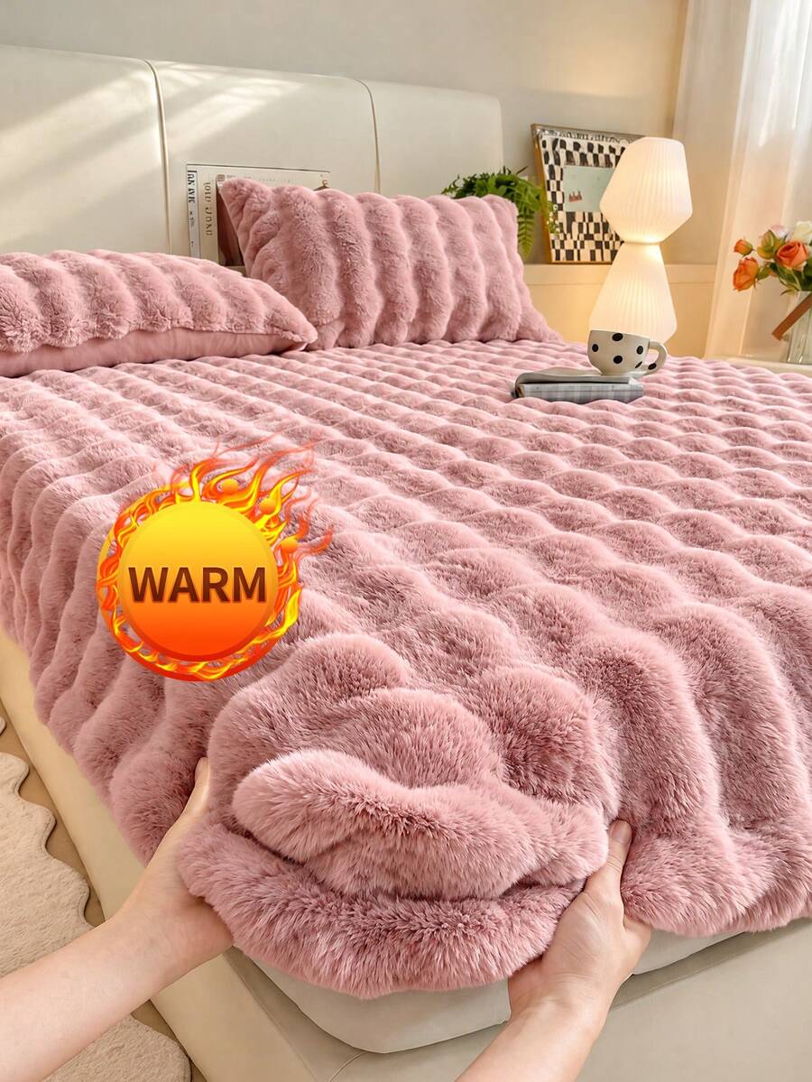 1pc Flannel Bubble Fitted Sheet, Light Pink Bedding, Dorm Bedding, Mattress Protector, Bed Cover, Back To School, Deep Pocket, Sheet Only, Pillowcase Not Included, Fits Twin/Full/Queen/King Size Bed, Machine Washable, Autumn Decor, Winter Decor - Baby Pink - View 1