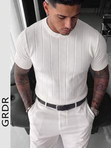 GRDR Men's Summer Round Neck Ribbed Knit Short Sleeve T-Shirt, Outdoor Casual Wear - White - View 2