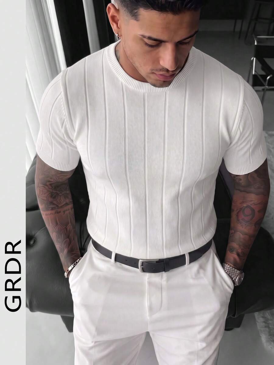 GRDR Men's Summer Round Neck Ribbed Knit Short Sleeve T-Shirt, Outdoor Casual Wear